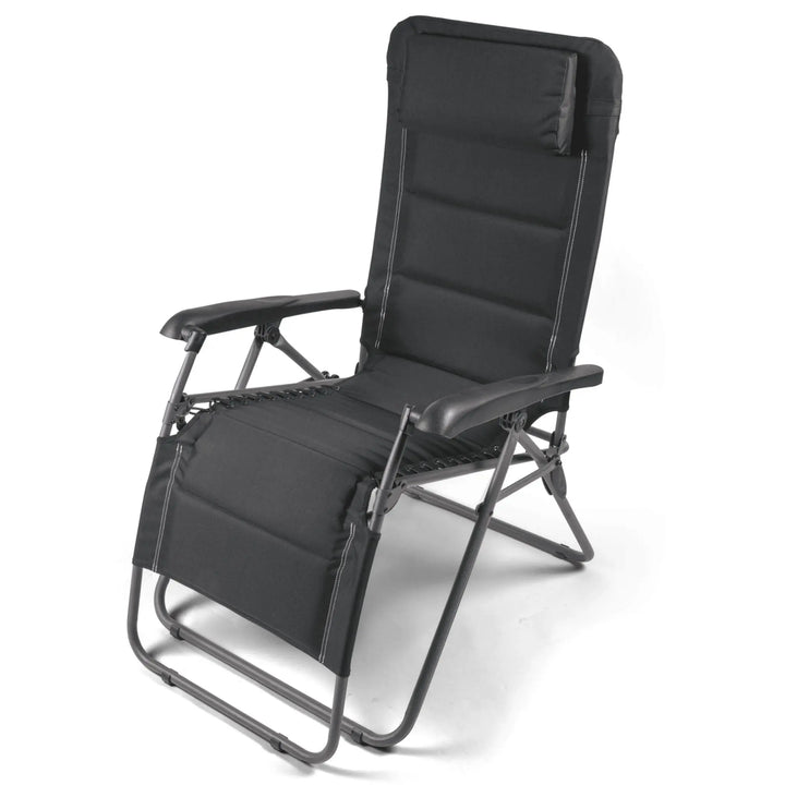 Fully assembled Dometic Serene Firenze Relaxer Chair with a reclining design, padded cushions, and a sturdy metal frame for outdoor relaxation.