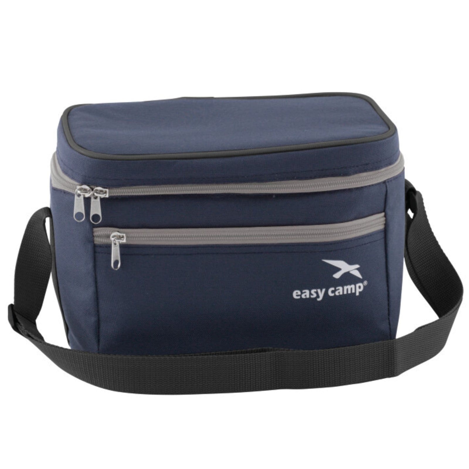 A navy blue Easy Camp Chilly cool bag small with a shoulder strap and front zip pocket, designed for picnics and camping.