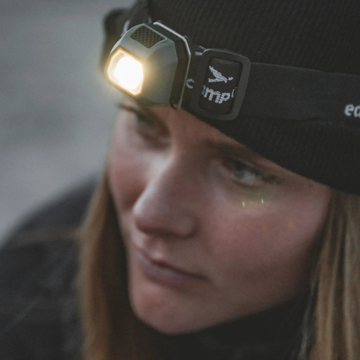 Person wearing a black beanie hat with a Easy Camp Clover Headlamp on a blurred background