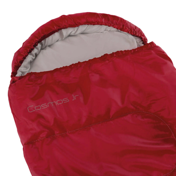 Easy Camp Cosmos Jnr Red Sleeping Bag hood closed