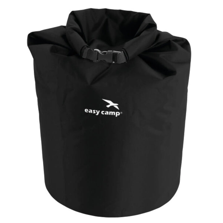 A studio shot of the Easy Camp Dry Pack L, a large black waterproof bag with a roll-top closure and the Easy Camp logo displayed on the front.