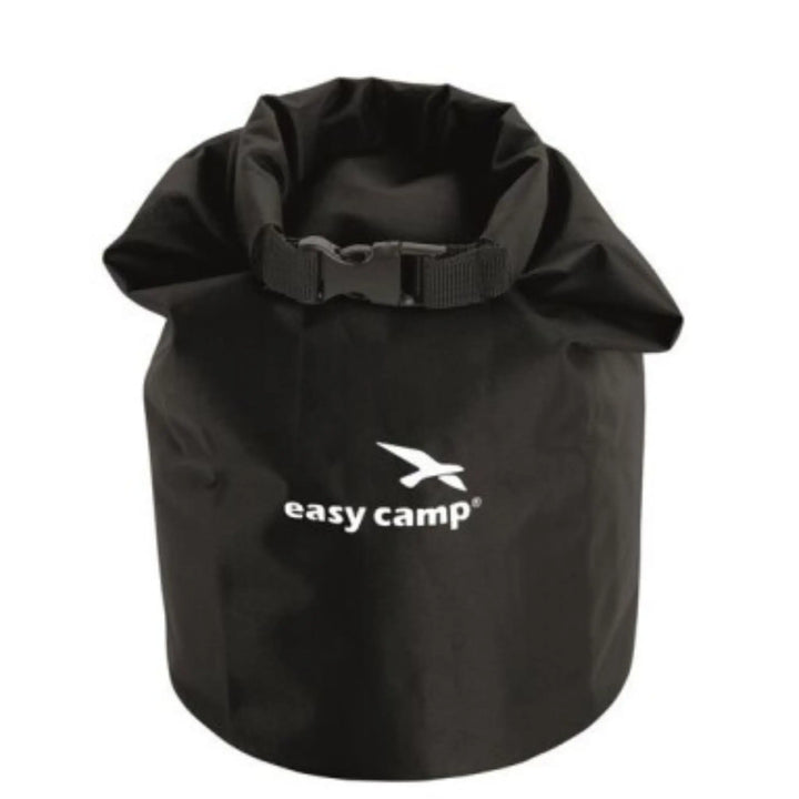 The Easy Camp Dry Pack M in black, displayed upright with its roll-top closure, highlighting its waterproof construction for keeping items dry.