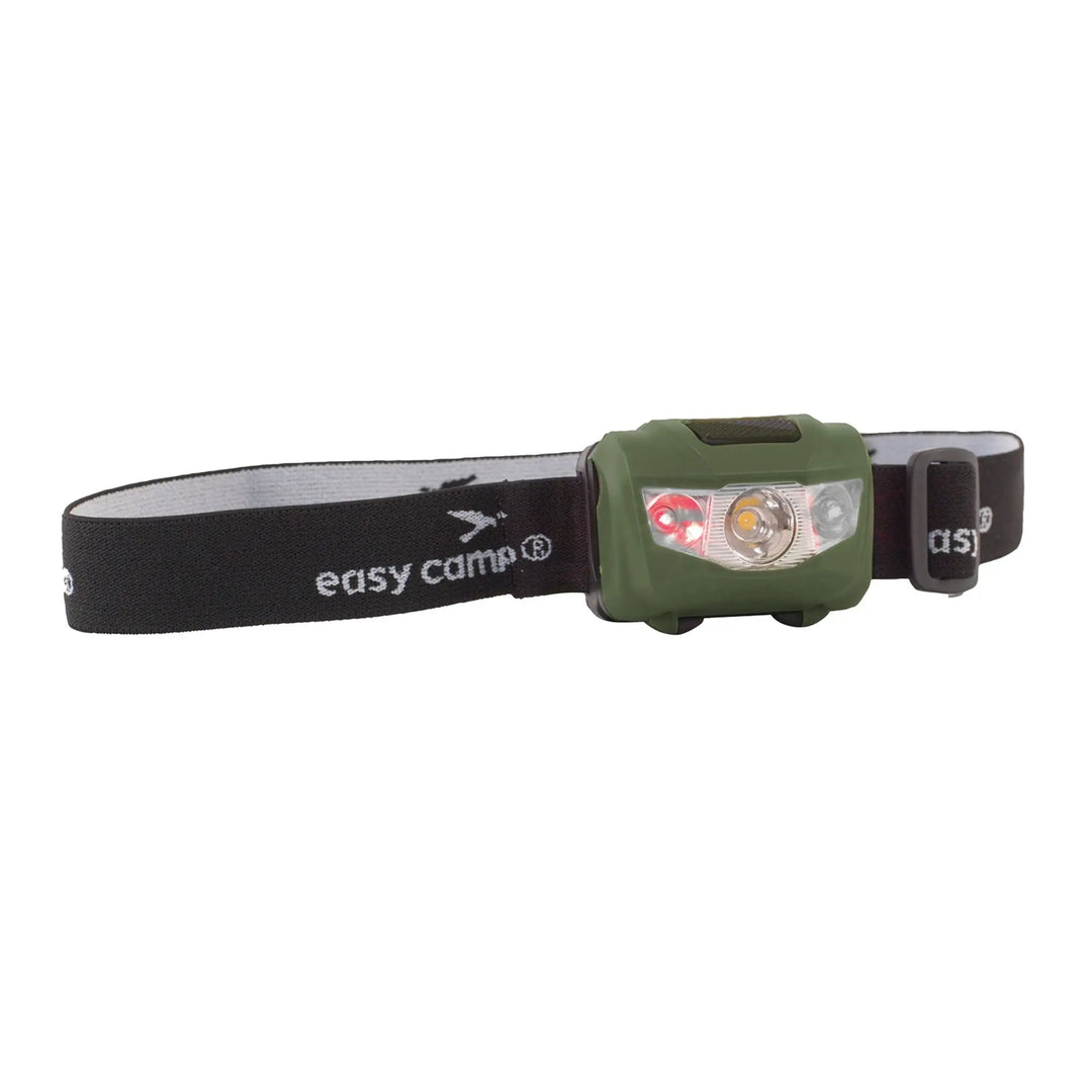 Easy Camp Foxglove Headlamp with black strap on a white background, featuring the 'easy camp' brand.