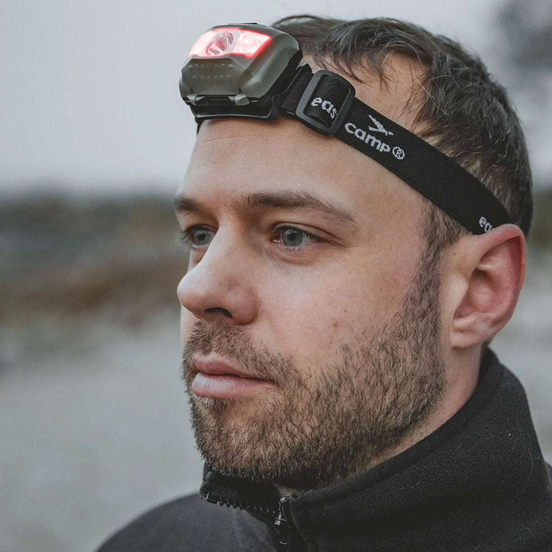 Man wearing a Easy Camp Foxglove Headlamp with a blurred natural background