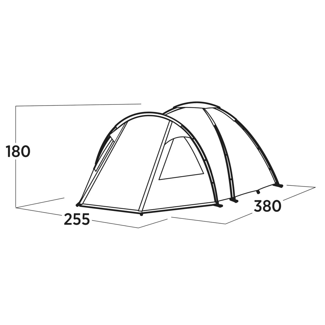 Line drawing of an Easy Camp Kinn 4 Tent with dimensions labelled.