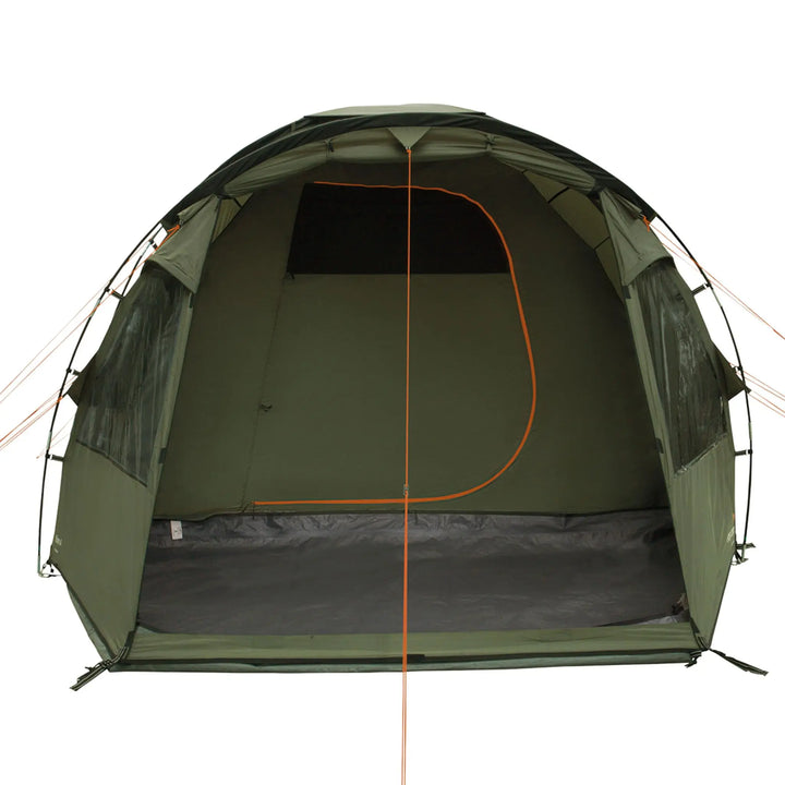Front view of the Easy Camp Kinn 4 Tent with the front door open.