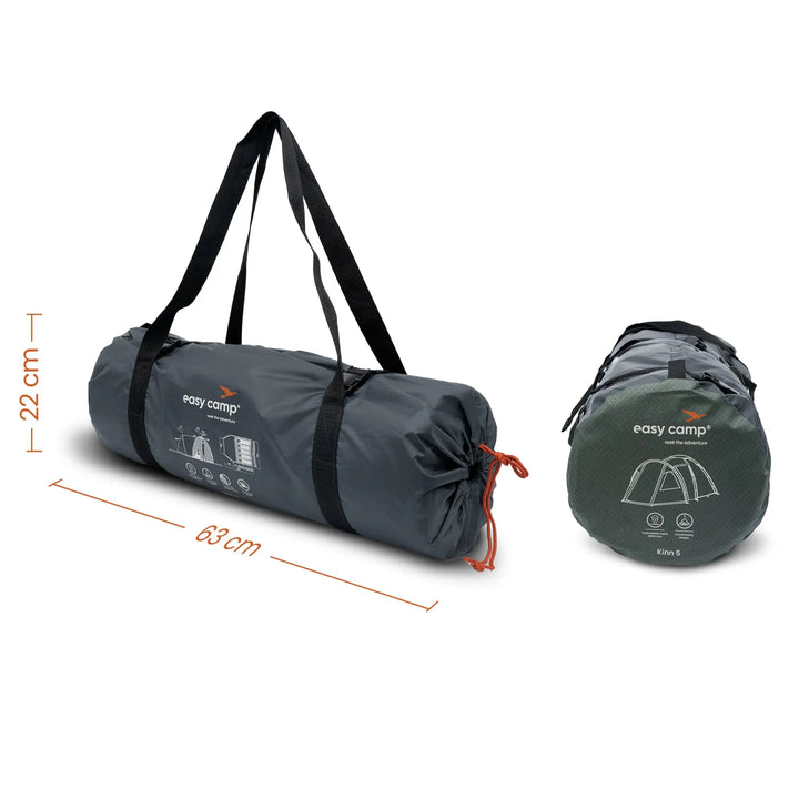 Easy Camp Kinn 5 Tent in it, bag to show pack size.