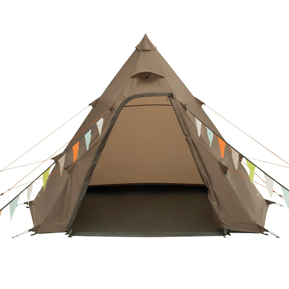 Front view of the Easy Camp Otra Tipi tent set up with bunting, ideal for festivals.