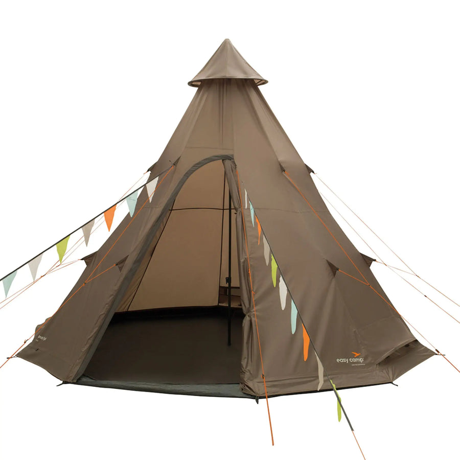 Front angled view of the Easy Camp Rands Tipi Tent, a spacious 8-man tent ideal for festivals and glamping.