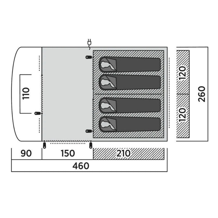 Easy Camp Skarvan 4 floorplan - dimensions of a 4 man tent layout, including sleeping area and living space for weekend getaways.