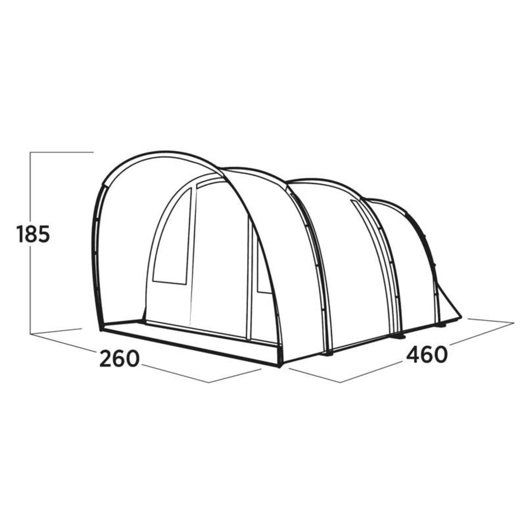 Easy Camp Skarvan 4 tent dimensions - a schematic drawing showing the length, width, and height of the 4 man tent, suitable for small family camping trips.