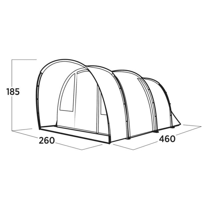 Easy Camp Skarvan 4 tent dimensions - a schematic drawing showing the length, width, and height of the 4 man tent, suitable for small family camping trips.