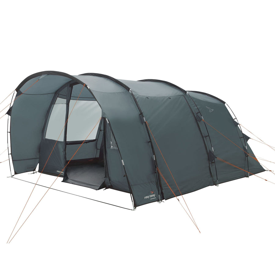 Easy Camp Skarvan 5 man tent angled side view showing its spacious family design with secure guylines and dark green fabric.