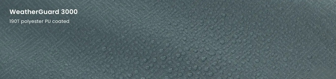 Close-up of WeatherGuard 3000 fabric with water droplets, showcasing the 190T polyester PU-coated waterproof material used in the Easy Camp Skarvan 6 tent.