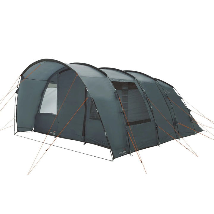 Side view of the Easy Camp Skarvan 6 - A 6 man tent, featuring durable materials, large ventilation panels, and guy ropes for stability.