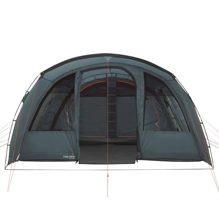 Front view of the Easy Camp Skarvan 6-person family tent, showing the wide entrance and multiple sleeping compartments.