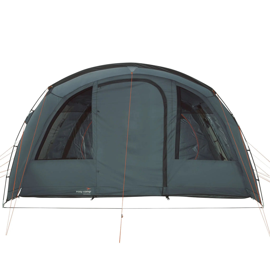 Easy Camp Skarvan 6 tunnel tent with its front door closed, highlighting its waterproof design and large side windows and sun canopy.