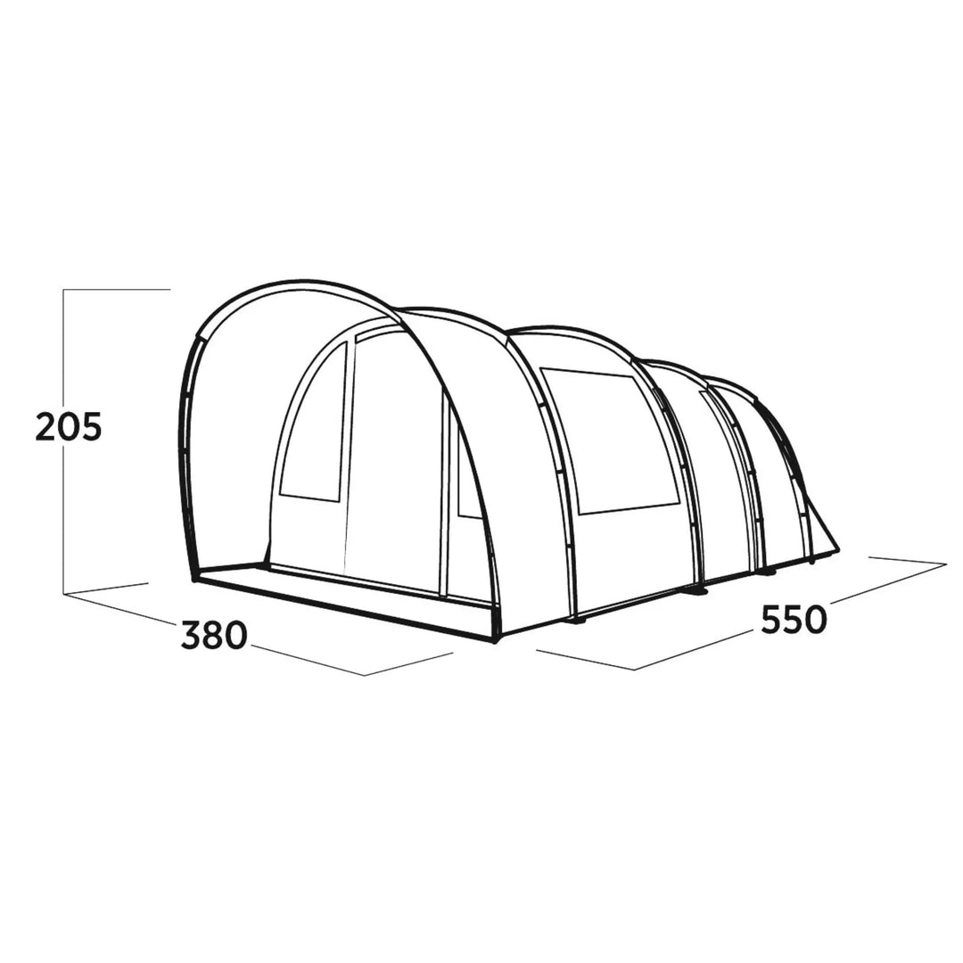 Technical drawing of the Easy Camp Skarvan 6-man tent, displaying dimensions and structural details for family camping.