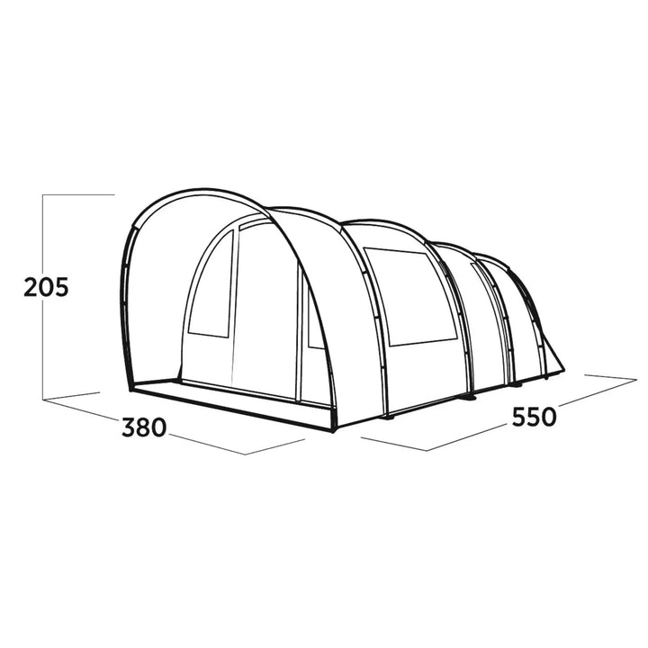 Technical drawing of the Easy Camp Skarvan 6-man tent, displaying dimensions and structural details for family camping.