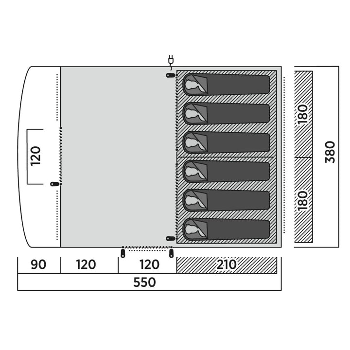 Floorplan of the Easy Camp Skarvan 6.A 6-person family tent, illustrating sleeping areas and living space for family camping.