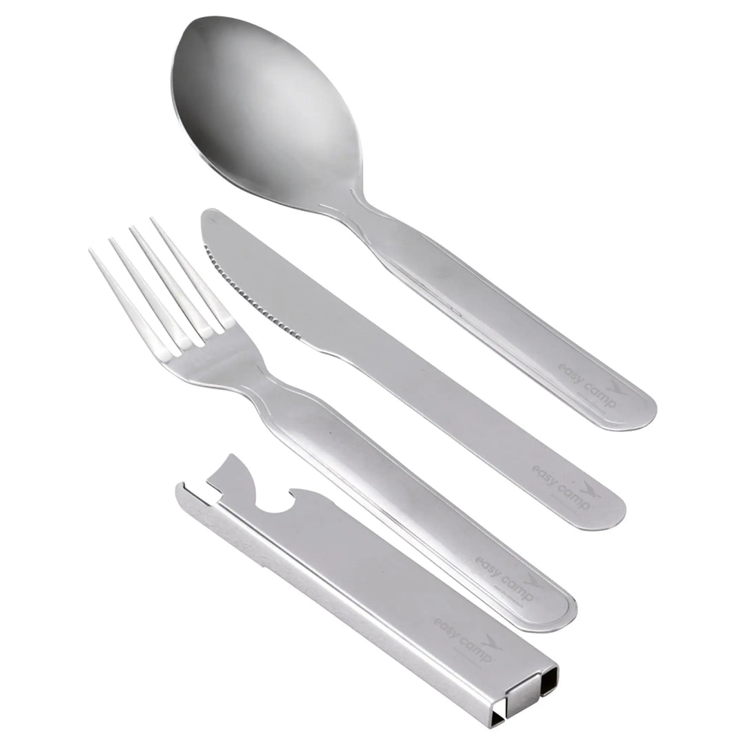 Easy Camp Travel Cutlery Deluxe including a spoon, knife, and fork on a white background