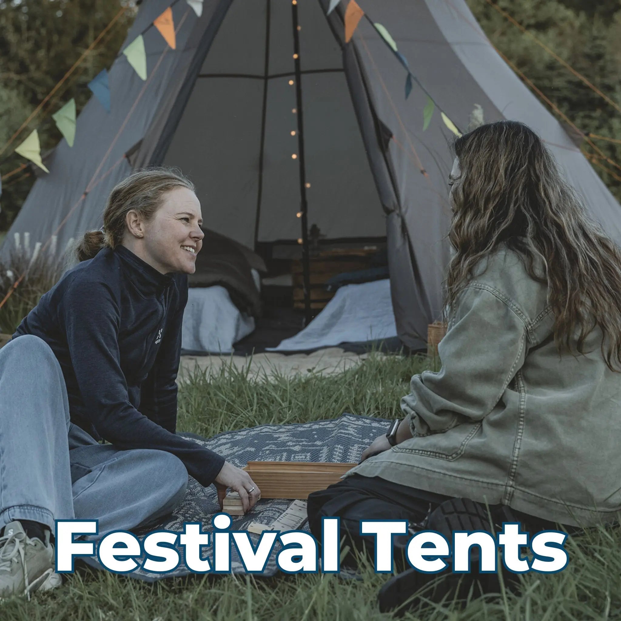 Festival Tents – Stylish tipi-style tent with decorative lights, ideal for festival camping.