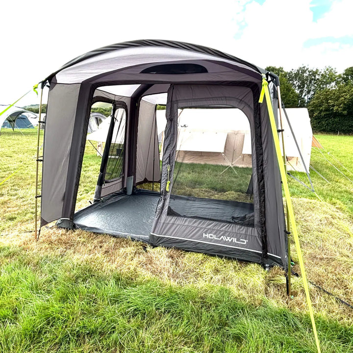 Front view of the Holawild Airtek Alder Hub 3x2 Drive-Away Awning
