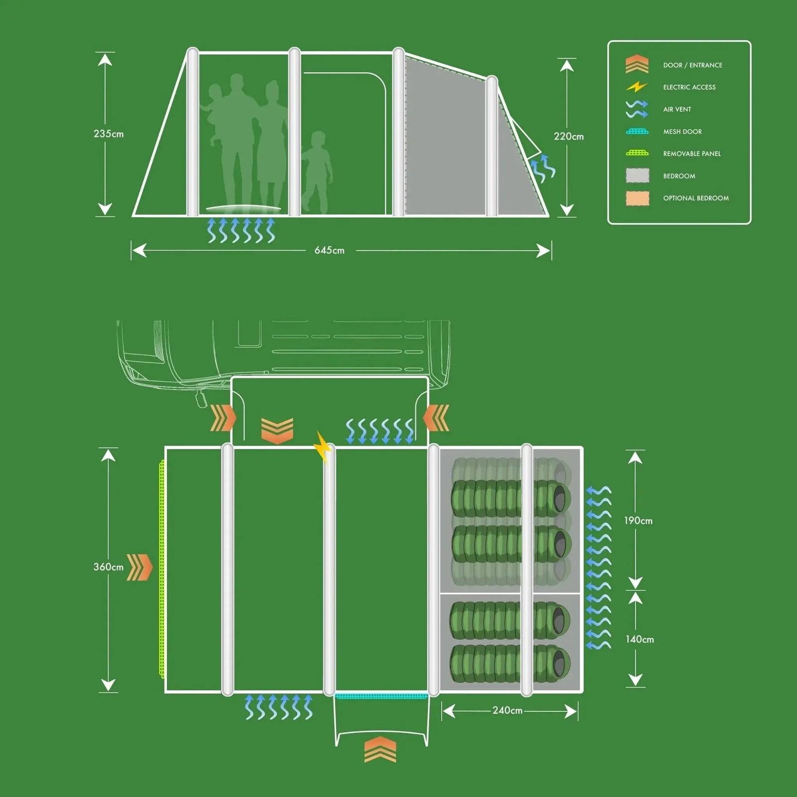 Diagram of a Holawild Airtek Redwood 4.0 Drive-Away Awning with dimensions and labels on a green background