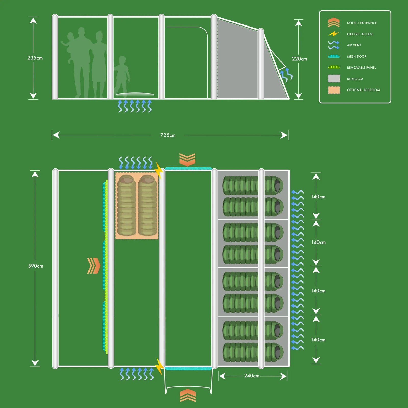Diagram of the diemensions on a Holawild Airtek Sherwood 8 tent labeled dimensions and features on a green background