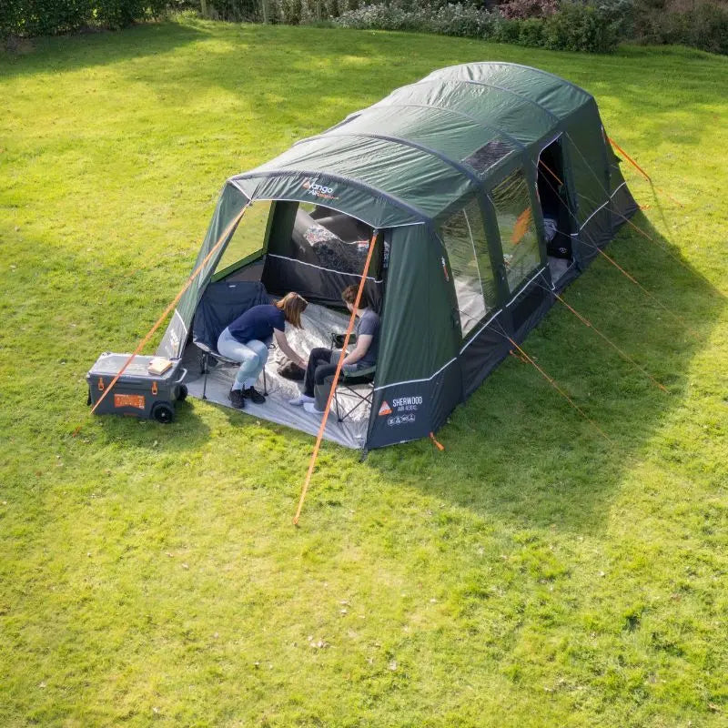 Vango Sherwood air 400xl camping tent with attached awning on grass
