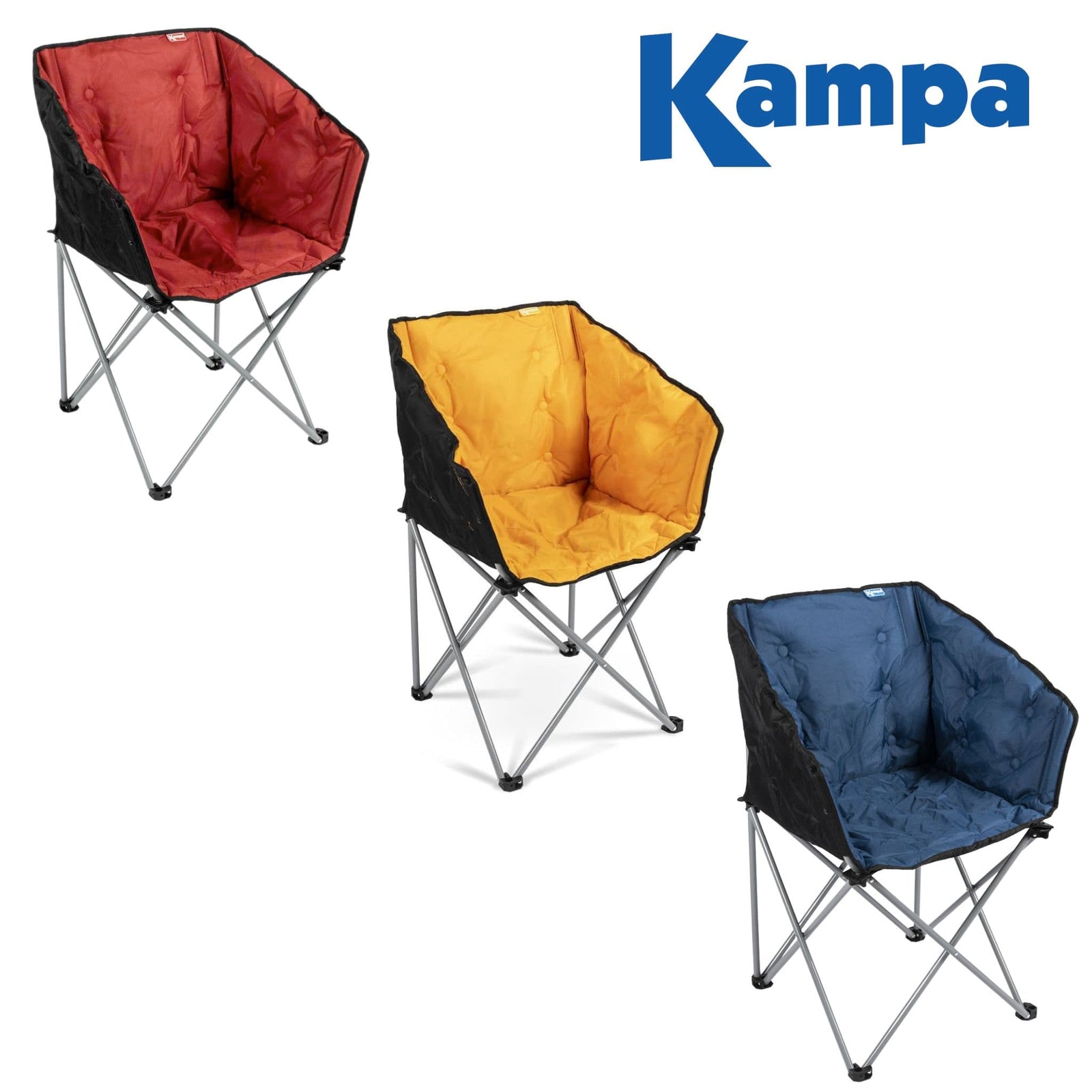 A collection of Kampa Tub Chairs in red, yellow, and blue colors, each featuring a sturdy steel frame and a padded seat.