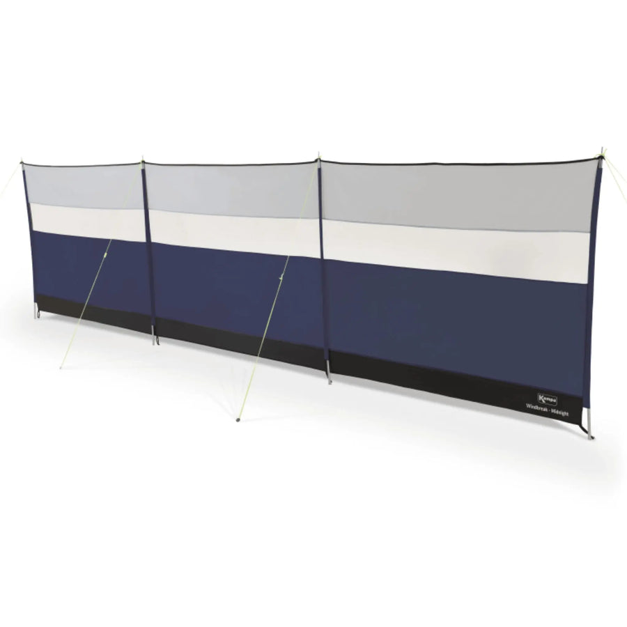 Kampa Windbreak in Midnight blue featuring a 4 pole design, steel poles, and secure guy ropes for wind protection.