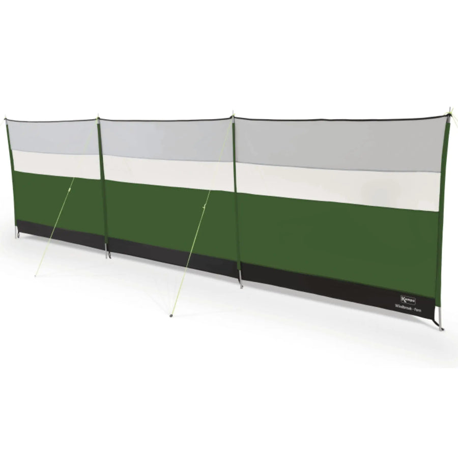 Kampa Windbreak in Fig grey with a 4 steel pole structure and sturdy guy lines.