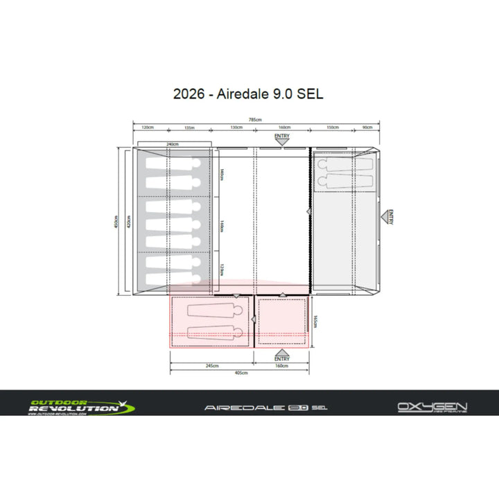 Outdoor Revolution Airedale 9.0SEL Air Tent with Footprint & Side Annexe Floorplan