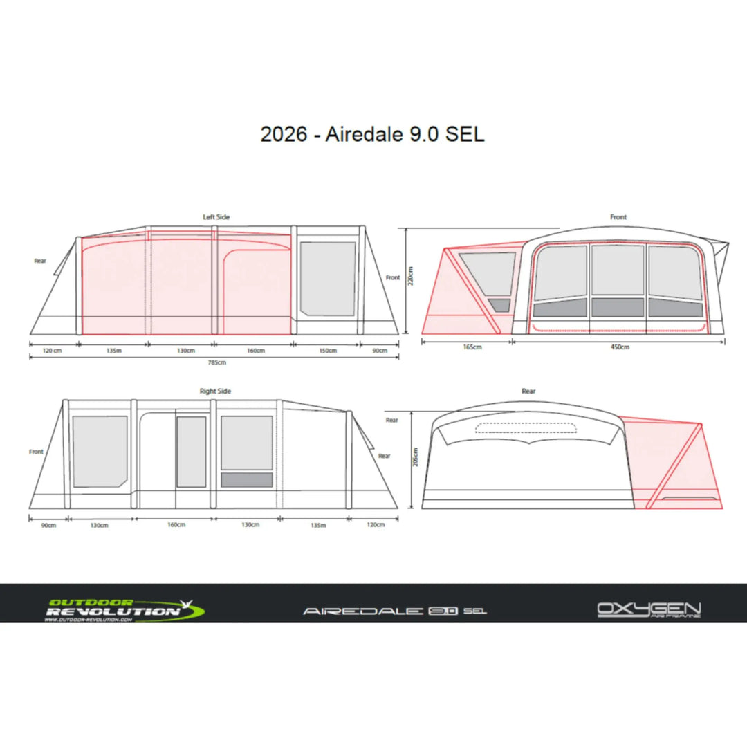 Outdoor Revolution Airedale 9.0SEL Air Tent with Footprint & Side Annexe Heights