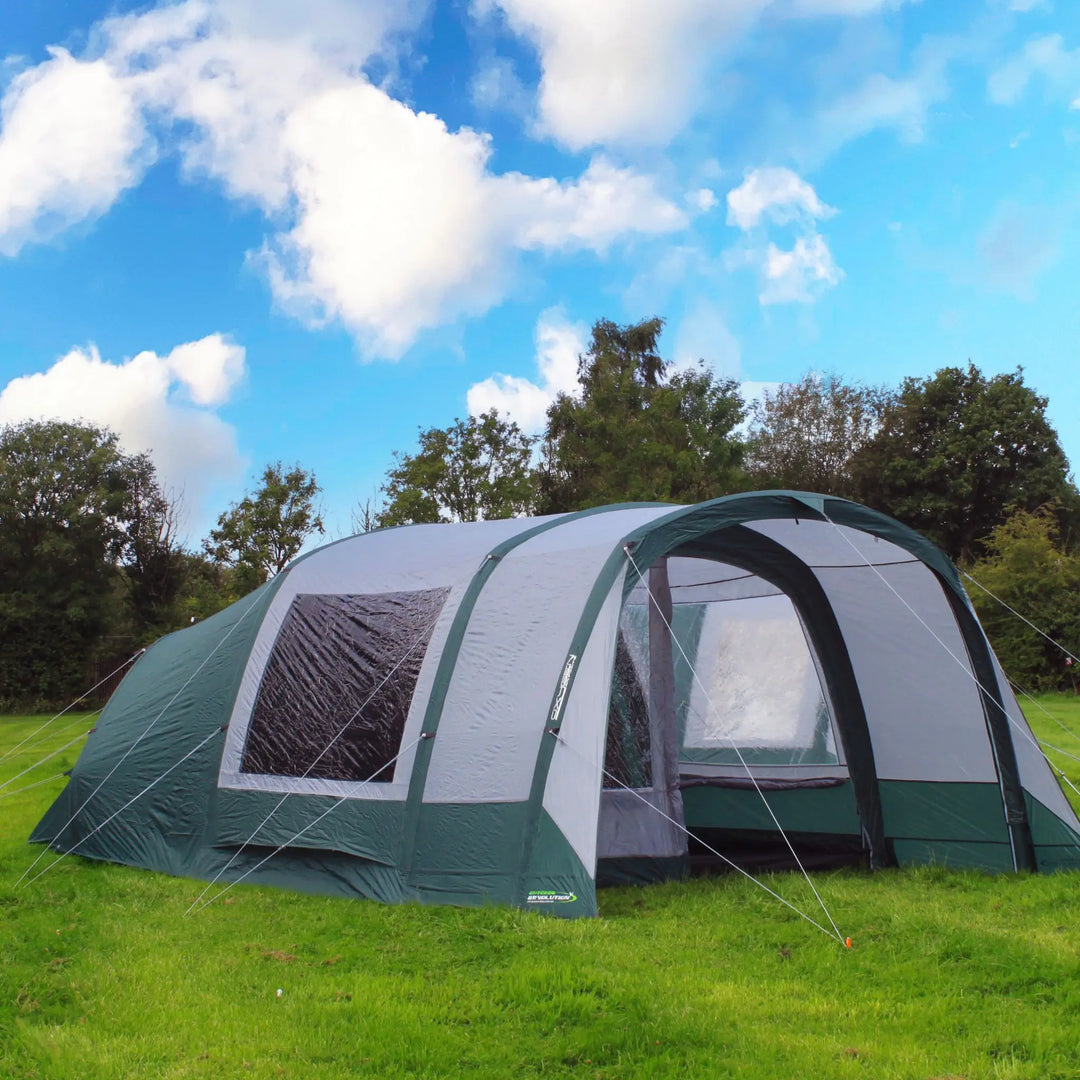 Angled view of the Outdoor Revolution Atom 500 Air Tent, highlighting its air beam structure and ventilation panels.