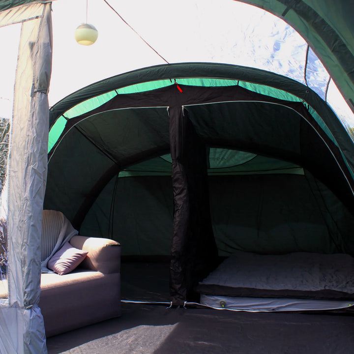 Inside view of the Outdoor Interior sleeping area of the Outdoor Revolution Atom 500 Air Tent with a double airbed and room divider.