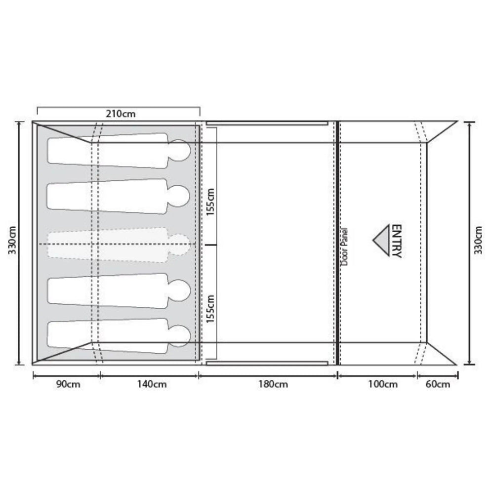 Floorplan diagram of the Outdoor Revolution Atom 500 Air Tent, illustrating dimensions and sleeping capacity.