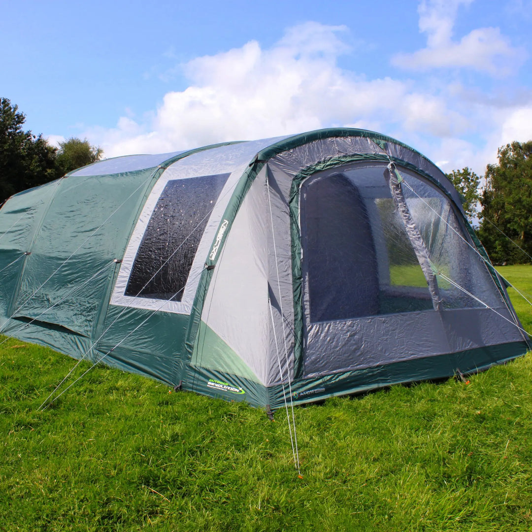 Side angle of the Outdoor Revolution Atom 600 Air Tent, highlighting large windows and air beams.