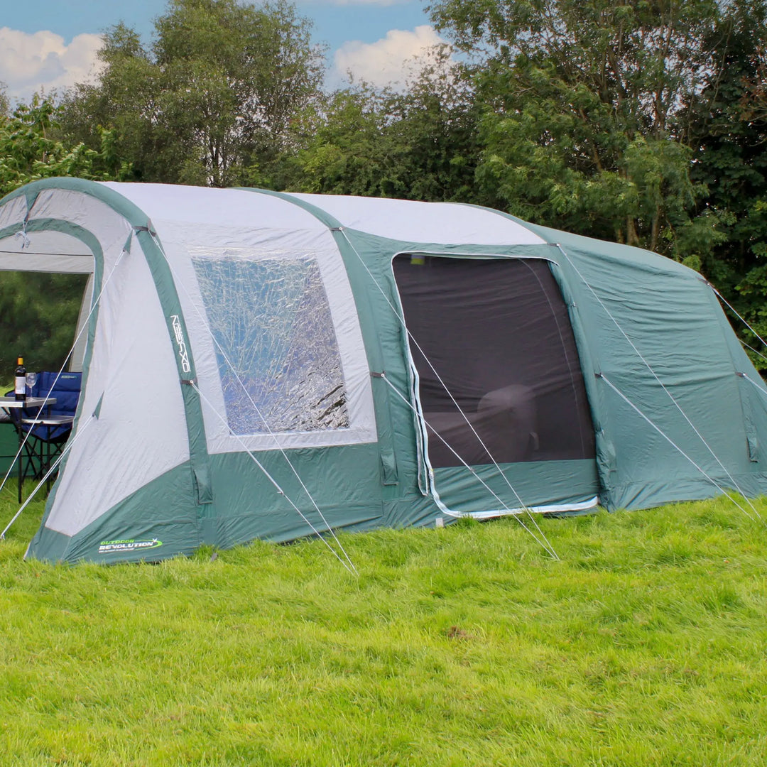 Side angle of the Outdoor Revolution Atom 600 Air Tent, highlighting large mesh panel side door.