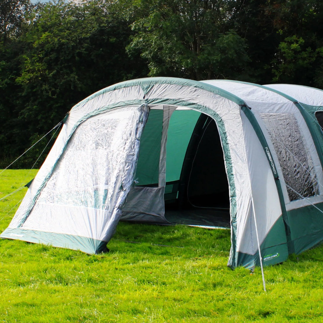 Porch section of the Outdoor Revolution Atom 600 Air Tent with front and middle door open.