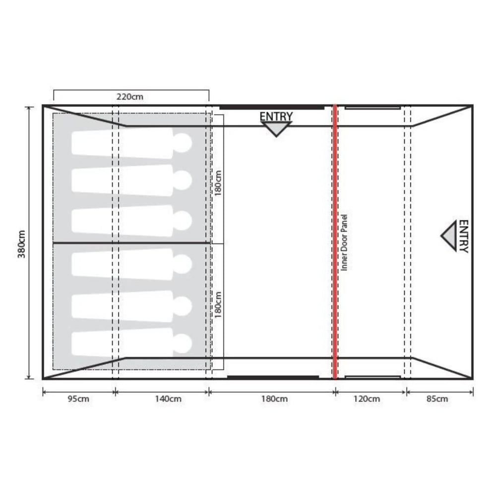 Floorplan diagram of the Outdoor Revolution Atom 600 Air Tent, displaying bedroom and living area dimensions, sleeping capacity, and entry points.