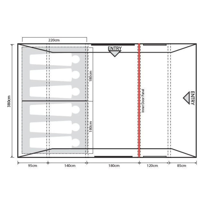 Floorplan diagram of the Outdoor Revolution Atom 600 Air Tent, displaying bedroom and living area dimensions, sleeping capacity, and entry points.