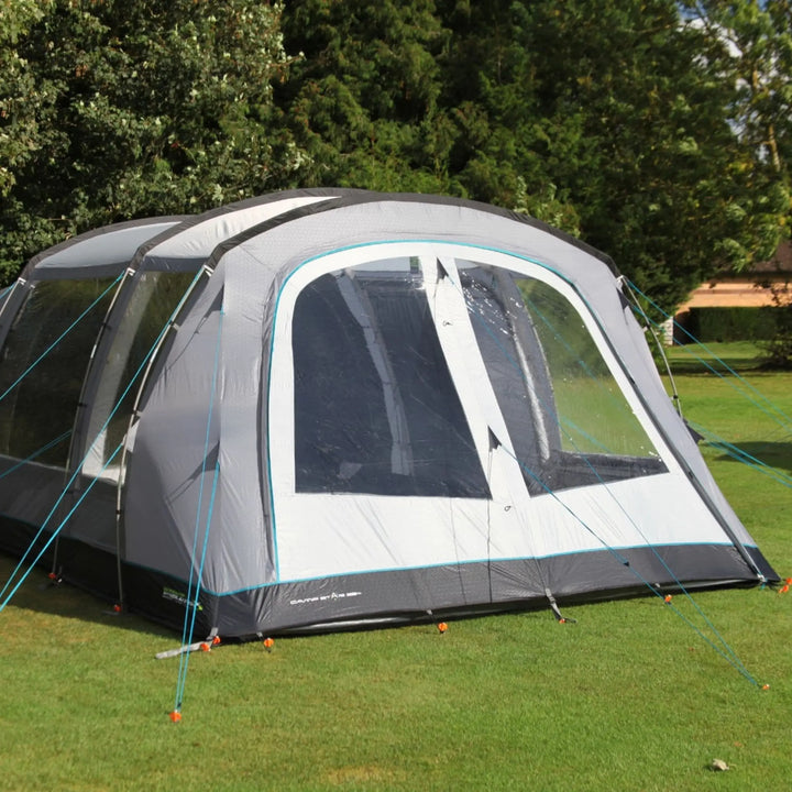 Close-up front view of the Outdoor Revolution Camp Star 500XL DT 5-man tent, showcasing its large PVC windows and sturdy fibreglass frame.