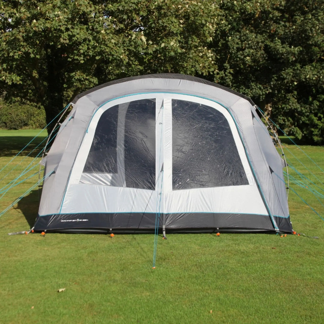 Straight-on front view of the tent with closed windows and door, emphasizing its weather-resistant design.