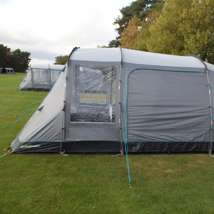 Rear view of the Outdoor Revolution Camp Star 500XL DT tent, highlighting its porch window and side door.