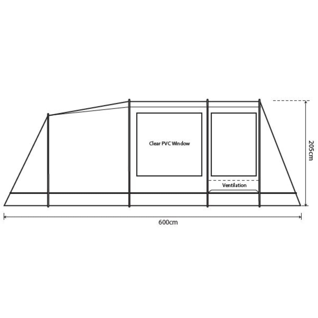 Side profile diagram of the Outdoor Revolution Camp Star 500XL DT tent, displaying dimensions of 600cm length and 205cm height.