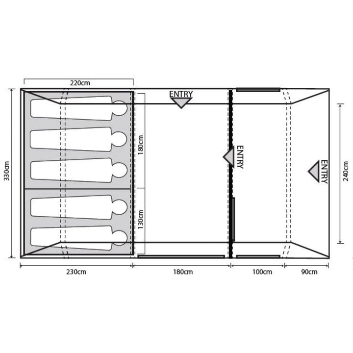 Top-down floor plan of the Outdoor Revolution Camp Star 500XL DT tent, illustrating the sleeping area for up to five people, living space, and multiple entry points.