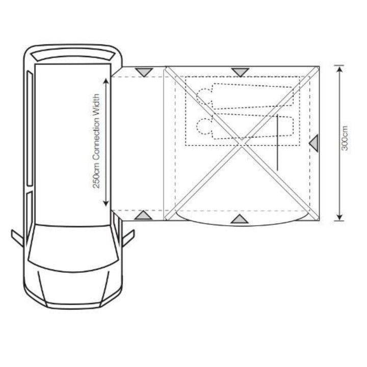 The floorplan of the Outdoor Revolution Cayman Air Low Drive Away Awning provides clear dimensions, showing its connection width and spacious interior layout for campervan use.