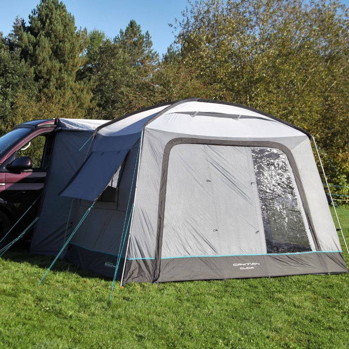 The rear view of the Cayman Cuda Awning connects seamlessly to the campervan via the tunnel attachment, creating a practical drive-away setup for outdoor adventures.